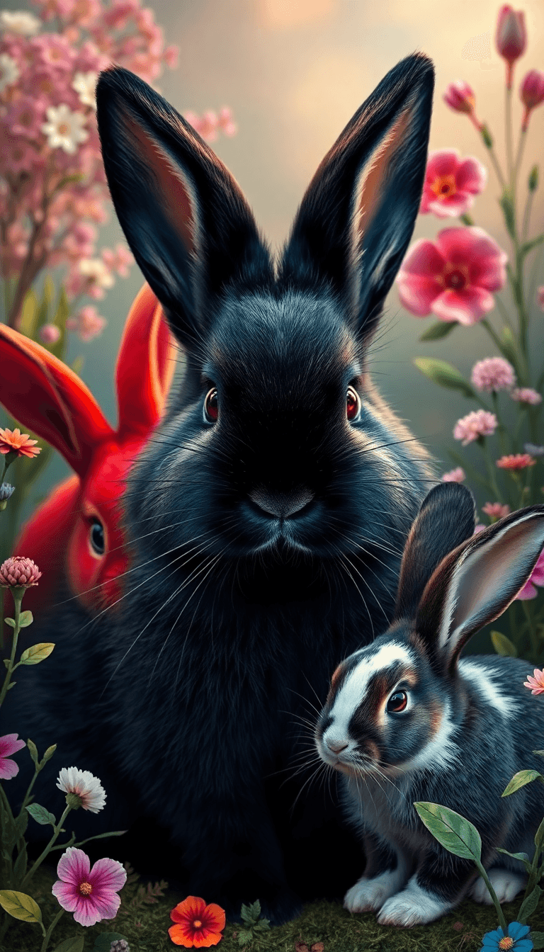 A Black Full Face English Angora Rabbit And A Red Rabbit As Well As A Little Black & White Rabbit