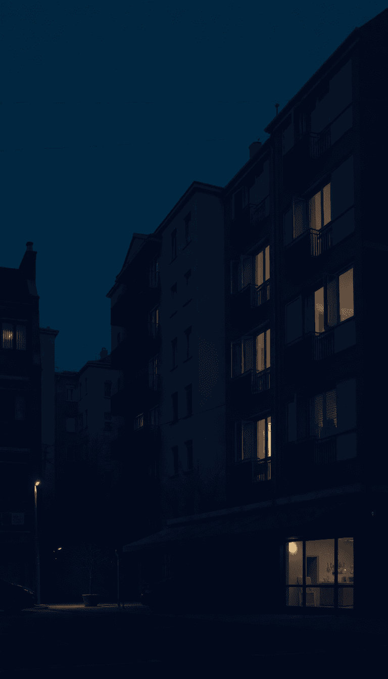 Generate A High-resolution Mobile Wallpaper For A Mobile Phone (1080x2400 Pixels). The Scene Should Depict A Building Like Late-night Work Atmosphere Where Just One Appartment Have The Lights On
