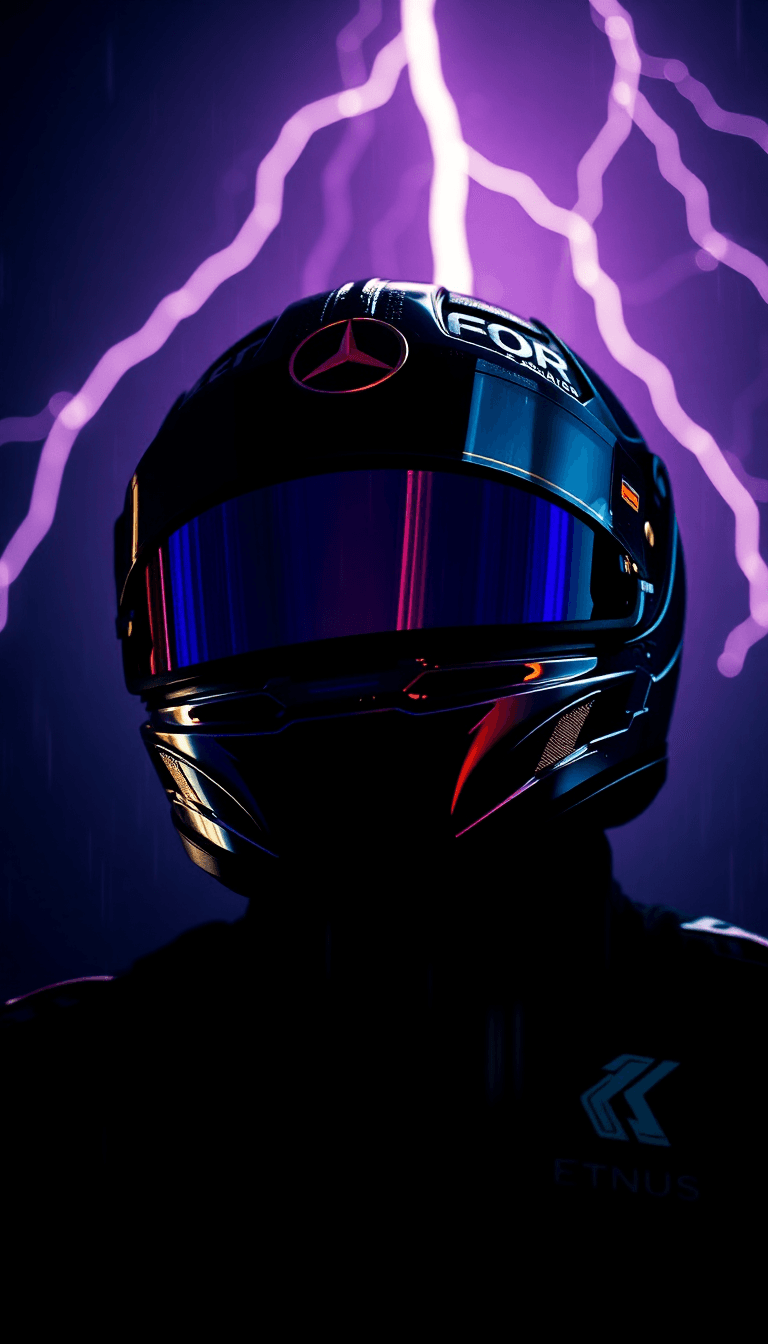 Lewis Hamilton Mercedes F1 Suit Helmet, Pitch Black Sky,
purple Gold Lightning Bolts, Low Dramatic Angle, Rain Droplets,
glowing Gold Visor, Deep Shadows, Cinematic 8k, Amoled Wallpaper.