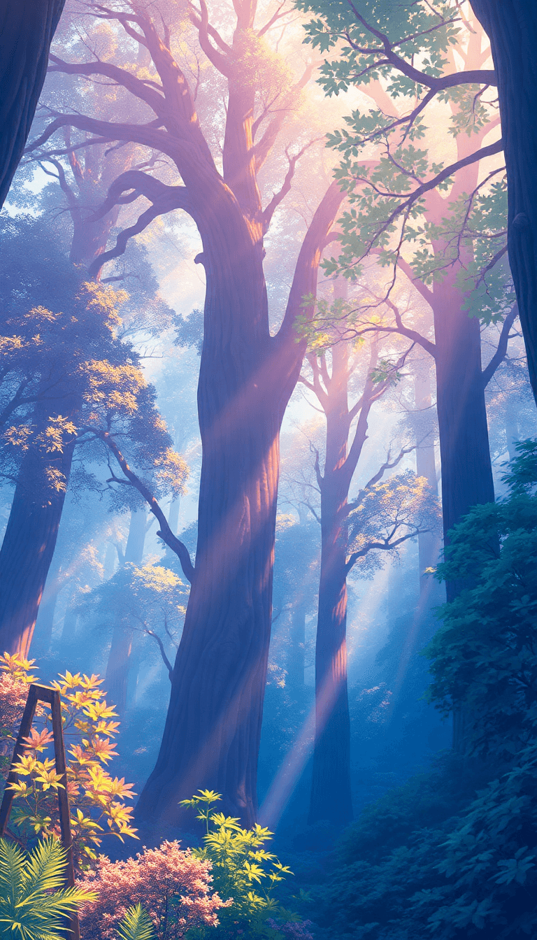 Viral Anime Nature Wallpaper In 4k Quality, In The Style Of Digital Illustration Inspired By Hayao Miyazaki, Featuring A Serene Forest With Towering Ancient Trees, Dappled Sunlight Filtering Through T