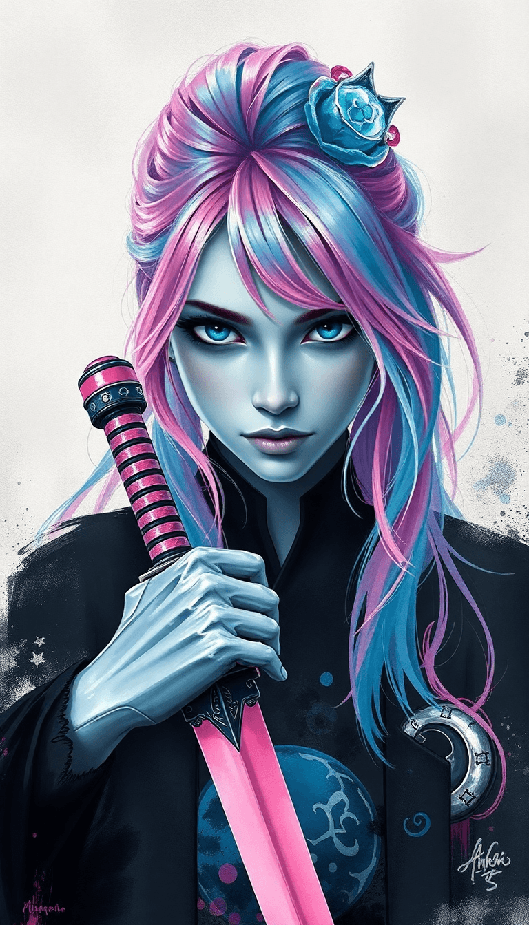 Pink And Blue Hair Ice Blue Eyes In Black Holding A God Pink Sword Black Wolf Beihinde