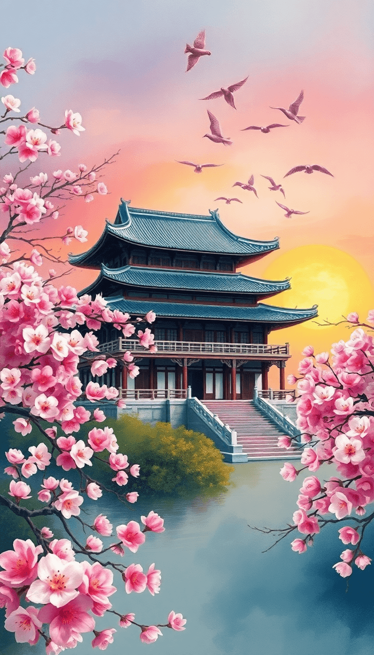 A Chinese Temple, With Sakura Flowers Around, The Sunset In The Background, A Lofi And Relaxing Aesthetic, With Birds Flying And The Wind In The Trees.