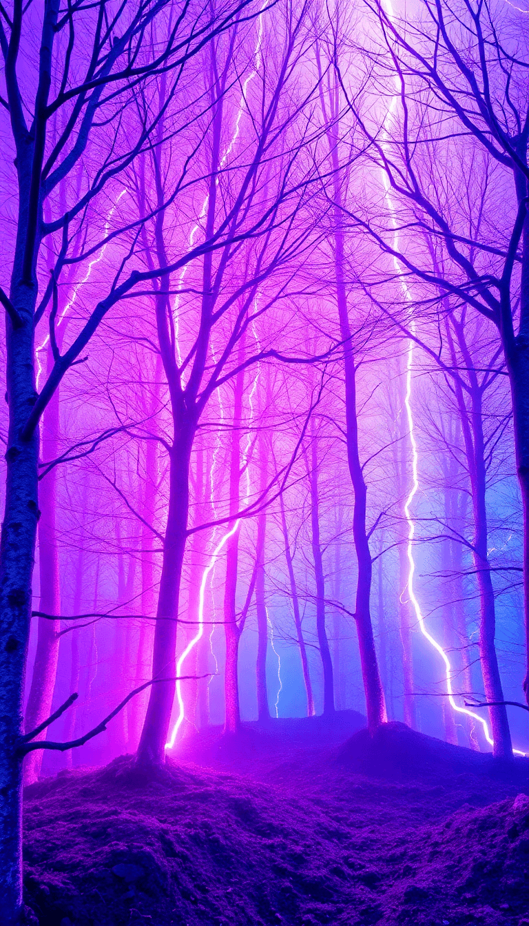 A Surreal Forest Bathed In Ethereal Purple And Electric Blue Hues, Illuminated By Bolts Of Lightning That Arc Between Crystal-like Tree Branches. The Trees Have An Alien Quality, Their Bark Appearing