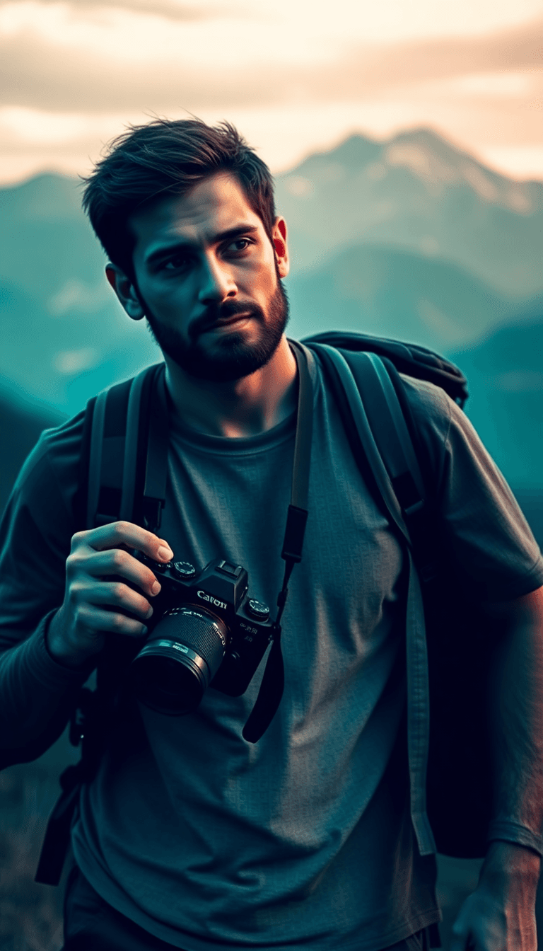 Man With A Dslr Camera And Travel Backpack In Mountains