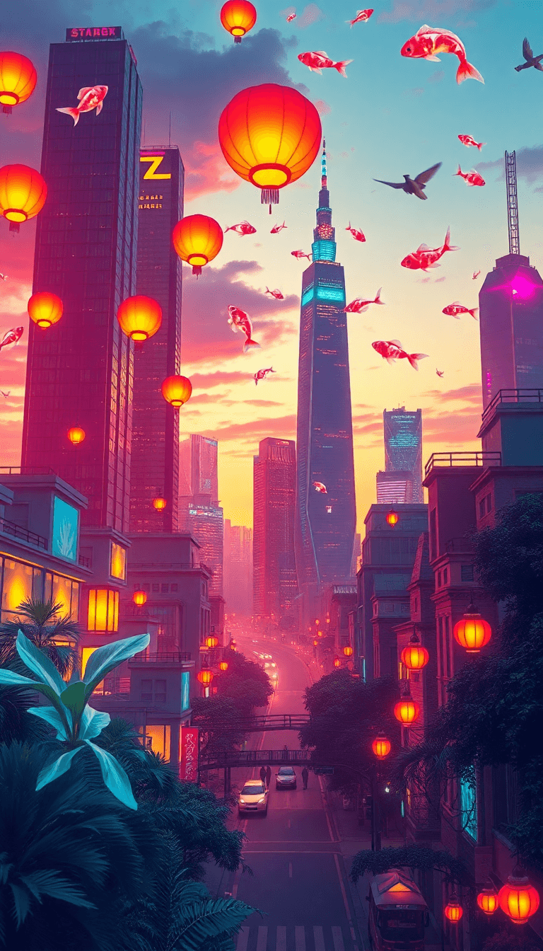 A Futuristic City Skyline At Dusk, Where Towering Skyscrapers Glow With Neon Lights, And The Sky Is Filled With Floating Lanterns And Holographic Koi Fish Swimming Through The Air. The Streets Below A