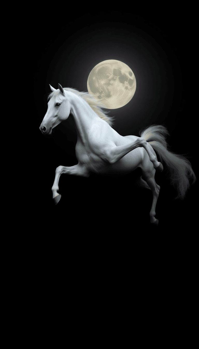 Dark Bckground Night With Moon Shining And White Horse In Action Like 2 Legs In Air Also Make It Realistic