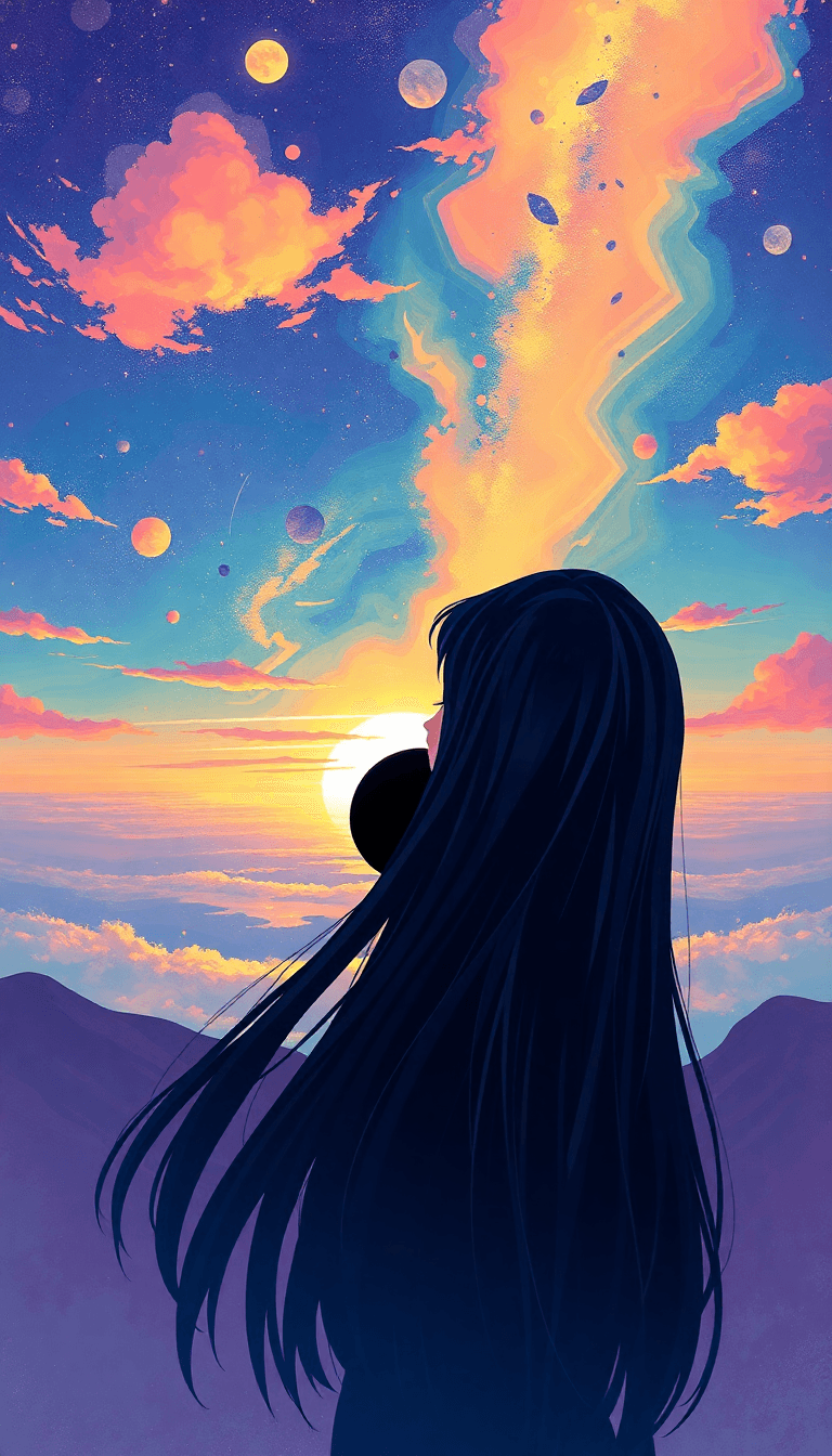 Anime Style, Black Long Haired Girl Looking To The Horizon, Where A Black Hole Is