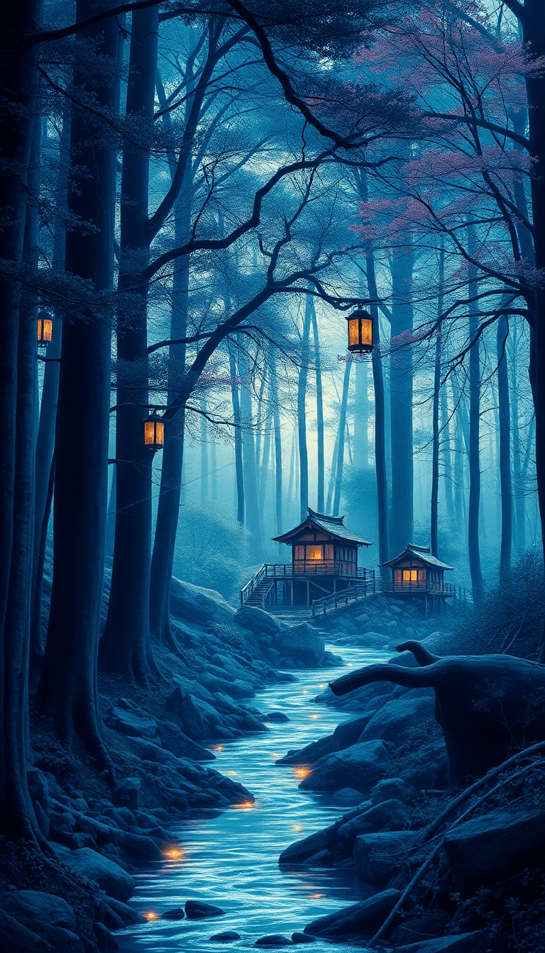 Donkere, Rustige Natuur Met Stenen, Omgevallen Bomen En Een Waterval. Kleine Japanse Gebouwen Op De Achtergrond, Subtiel Tussen De Bomen. Veel Leven In Het Bos, Mystieke En Kalme Sfeer.