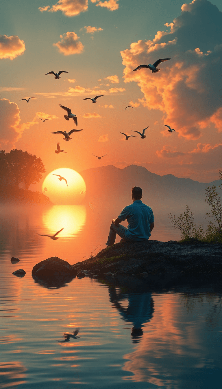 A Man Sitting On Banks Of River On Sunset Falling On Him,birds Flying In Air ,the Qualilty Being 8k Hyperrealistic