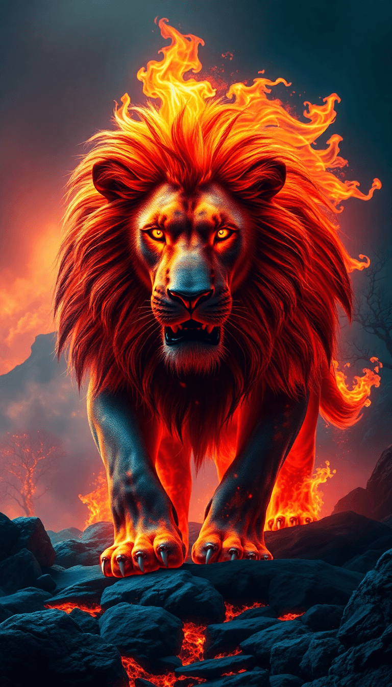 "create A Hyper-realistic Image Of A Colossal Lion Made Entirely Of Fire And Molten Lava, Stepping Forward With An Aura Of Unstoppable Power. Its Fiery Mane Blazes With Intense, Golden-orange Flames T