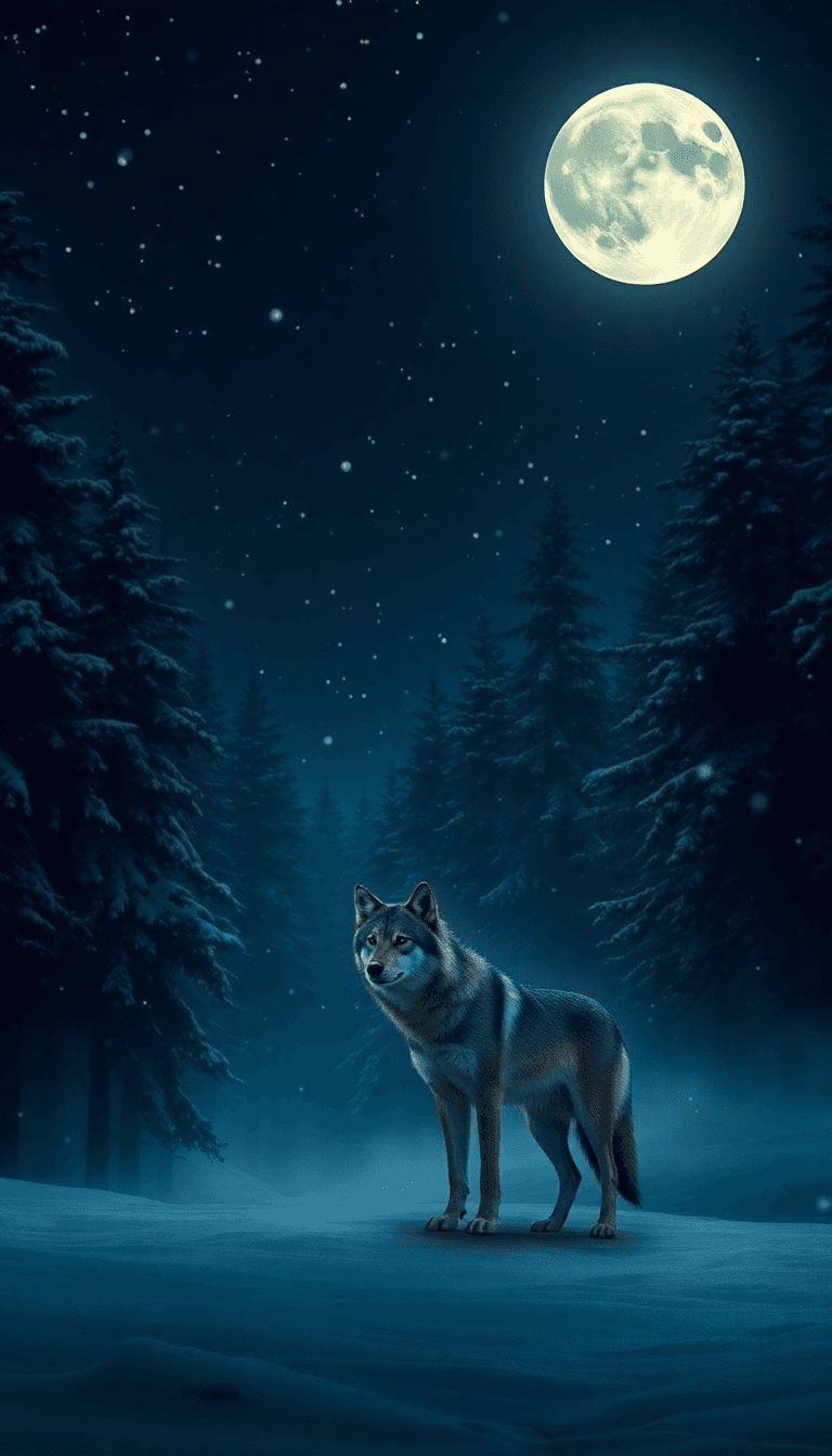 A Lone Wolf Standing Calmly In A Dark, Snowy Forest Under A Glowing Full Moon. Snow Falling Gently. The Scene Is Moody, Cold, And Powerful. Deep Shadows And Sharp Contrast. The Name “sarath Vivaash” A