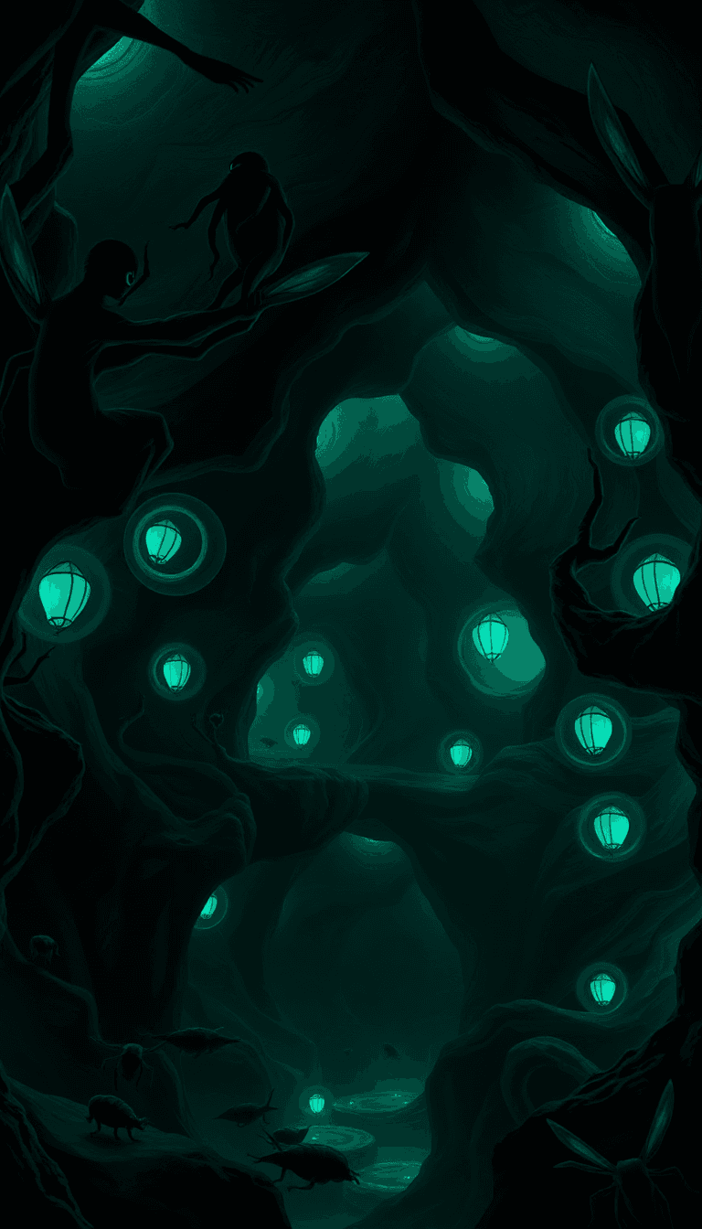 An Atmospheric Changeling Hive Within A Bioluminescent Cavern, Featuring Sleek, Black, Insectoid Architecture Softly Glowing Teal And Emerald. Shadowy Changelings, Glowing Cocoons, Intricate Tunnels.