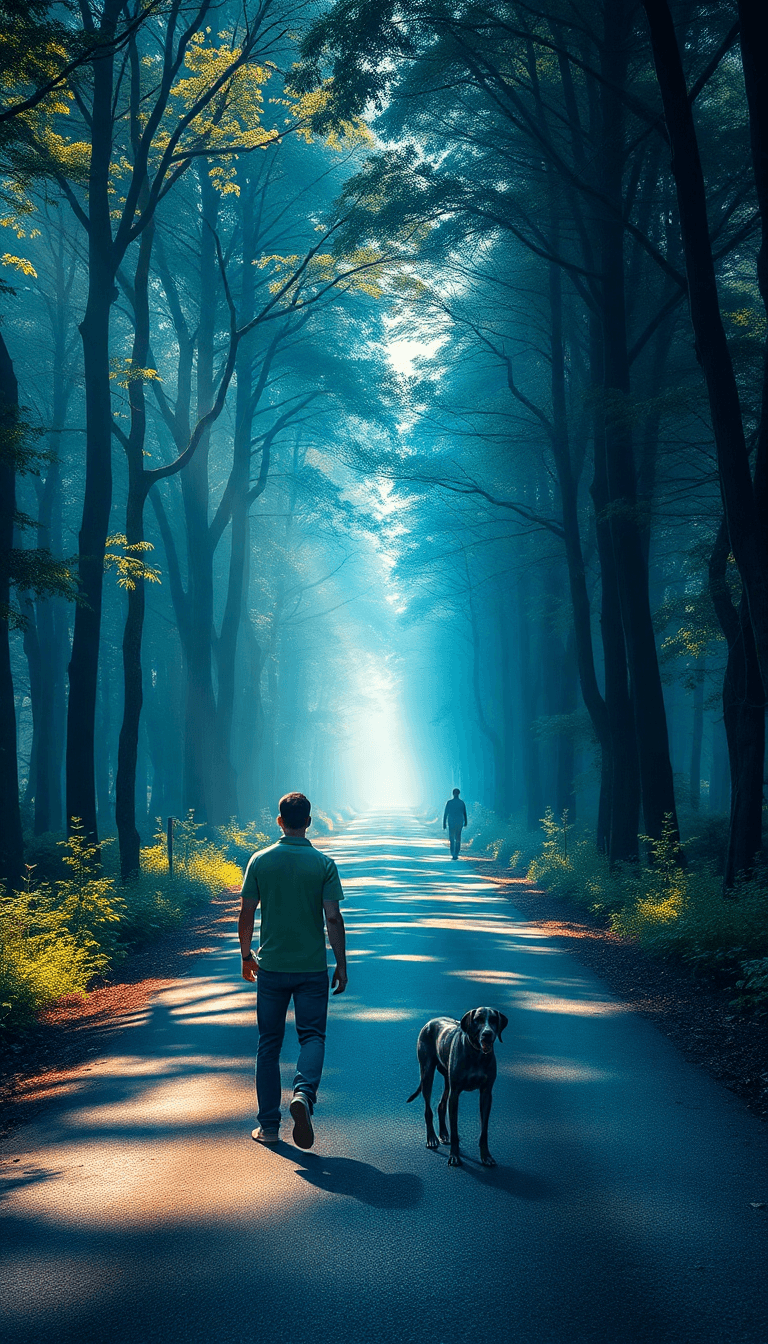Road Through A Forest , Misty , Dappled Sunlught , Man And His Dog, German Short Haired Pointer