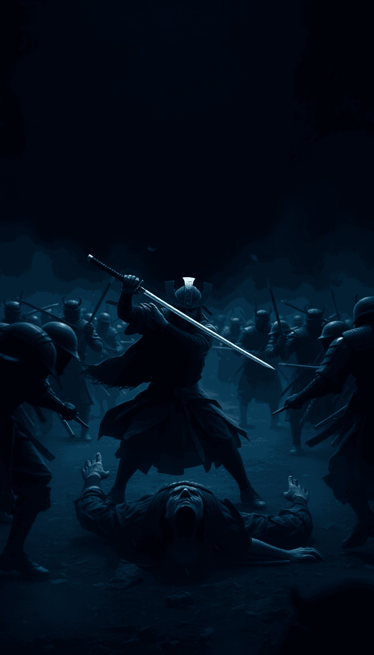 Samurai Vs Many Opponents In Between A Battlefield , Holding Sword In One Hand , Make The Night View , Man Is Fighting Against Them Alone, There Should Be More People Incoming , Also Show Fallen Warr