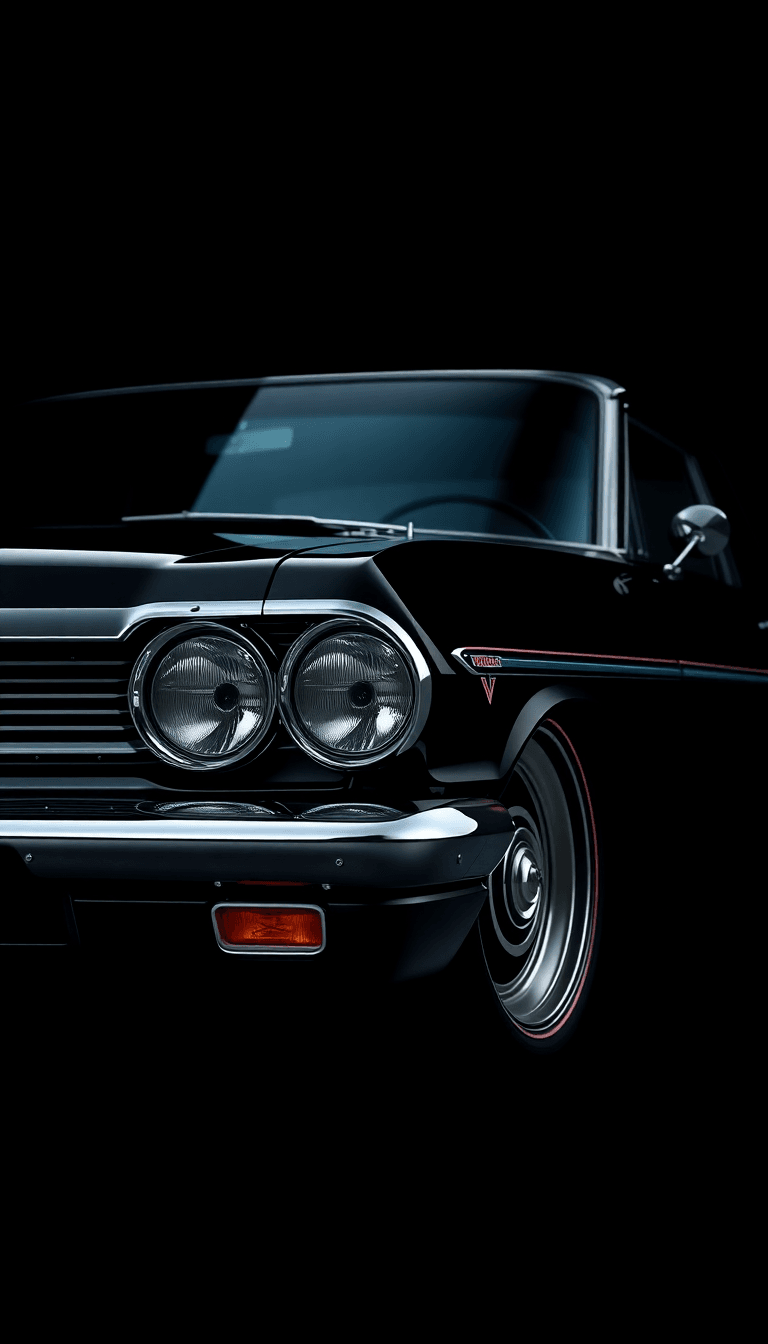 "a Highly Detailed, Aesthetic Digital Wallpaper Featuring A Black Chevrolet Impala Lowrider. The Focus Is On One Side Of The Car’s Front End, Showcasing Its Sleek Curves, Intricate Chrome Detailing