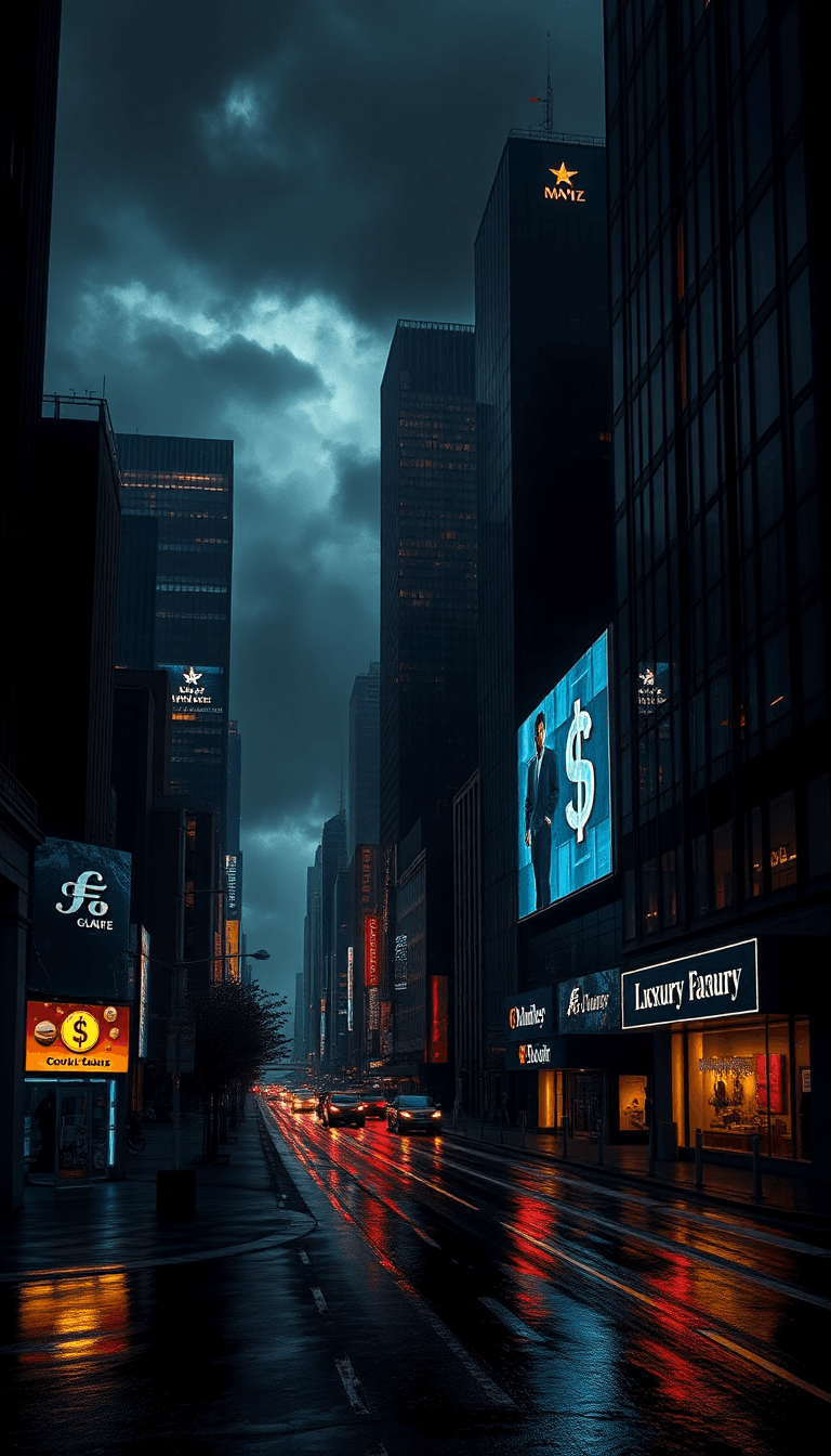 A Shadowy Metropolis Under A Stormy Sky, Skyscrapers Of Black Glass And Gold Veins Towering Over Rain-slick Streets. Neon-lit Billboards Glow With Currency Symbols (₿, $, ¥) And Luxury Brands.