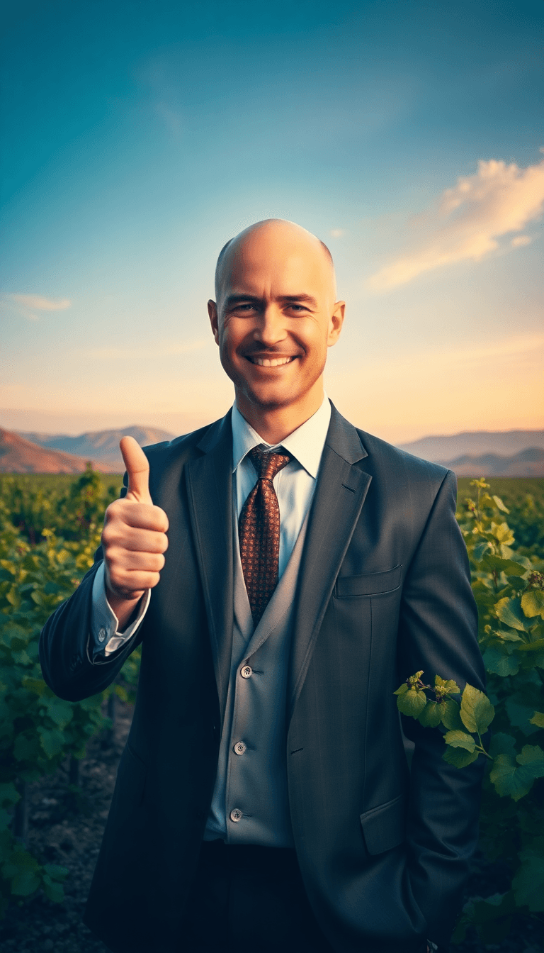 Bald Man In Suit Standing In The Cape Wineland Smiling Thumbs Up.looking Into Camera