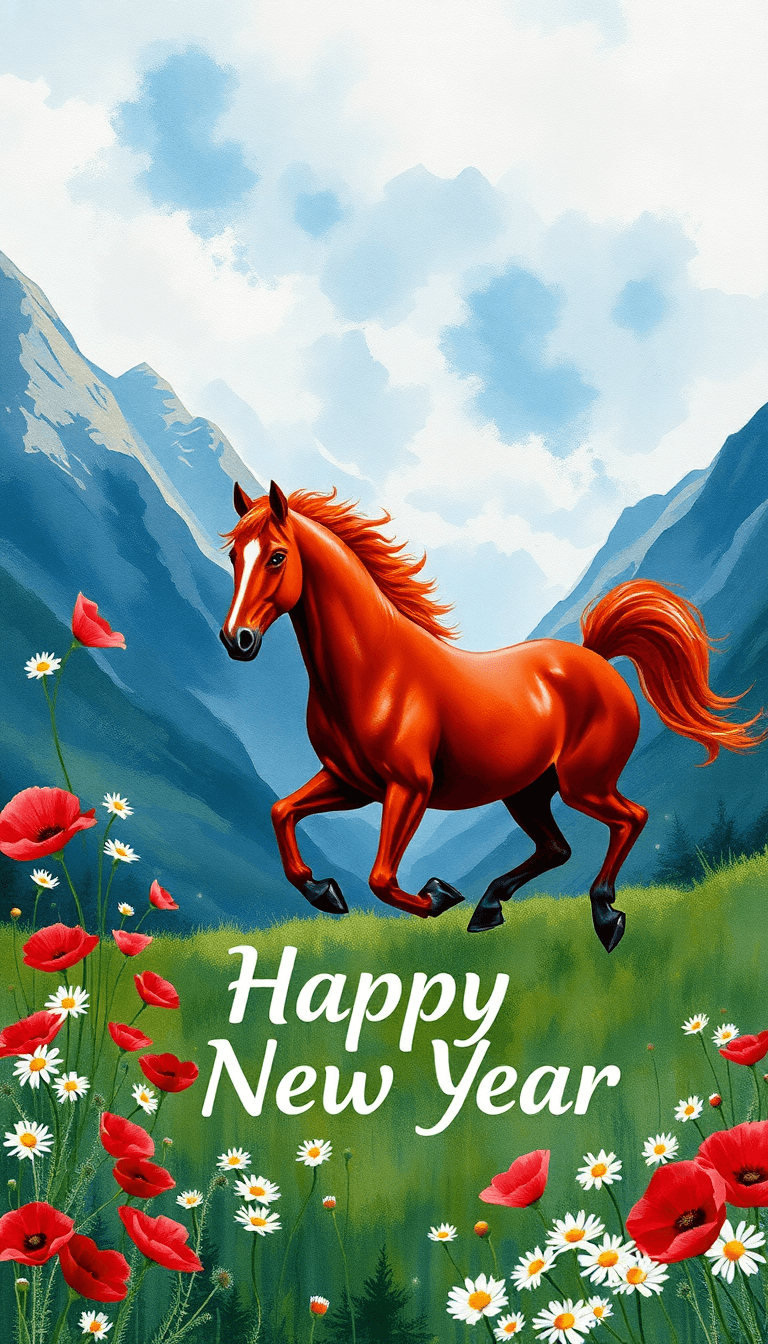 A Red Horse Runs Through Picturesque Mountains With Blooming Poppies And Daisies. A Floral Inscription Happy New Year