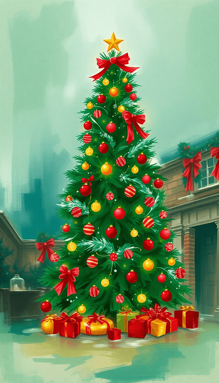 Very Festive Christmas Scene Without People Or Food Showing A Beautifully Decorated Christmas Tree As The Focal Point And Red And Green As The Primary Colors Of The Scene
