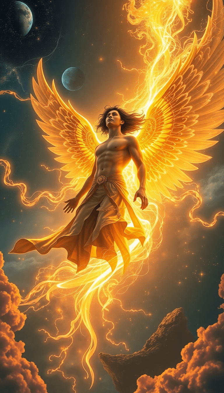 Epic Fantasy Wallpaper Of Grid Ascending To Godhood, Male Protagonist With Dark Hair Floating In Cosmic Space, Divine Golden Light Erupting From His Body, Ethereal Wings Of Pure Energy, Swirling Galax
