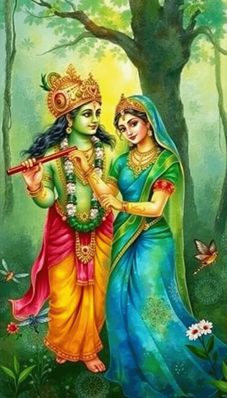 I Want A Wallpaper For My Laptop Of Sri Krihsna And Radha Rani, In A Forest In There Usual Pose A Flute On Krihsna's Hand And Fanatacy Background Of Forest And Dragonfly With Some Other Animals.