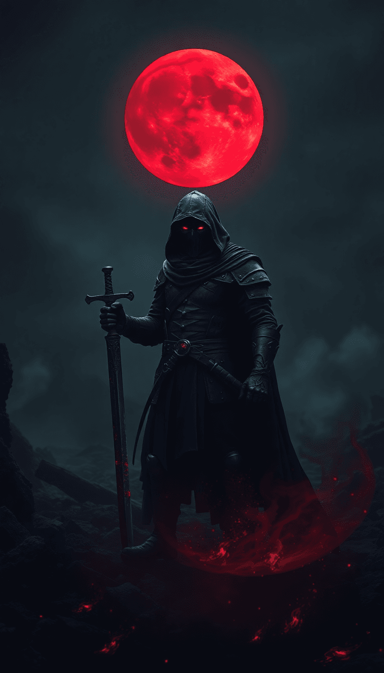 "a Dark Medieval Warrior Standing In A Ruined Battlefield, Blood-red Moon Illuminating His Black Armor, Glowing Red Eyes Under A Tattered Hood, Wielding A Massive Cursed Sword, Smoke And Embers Rising