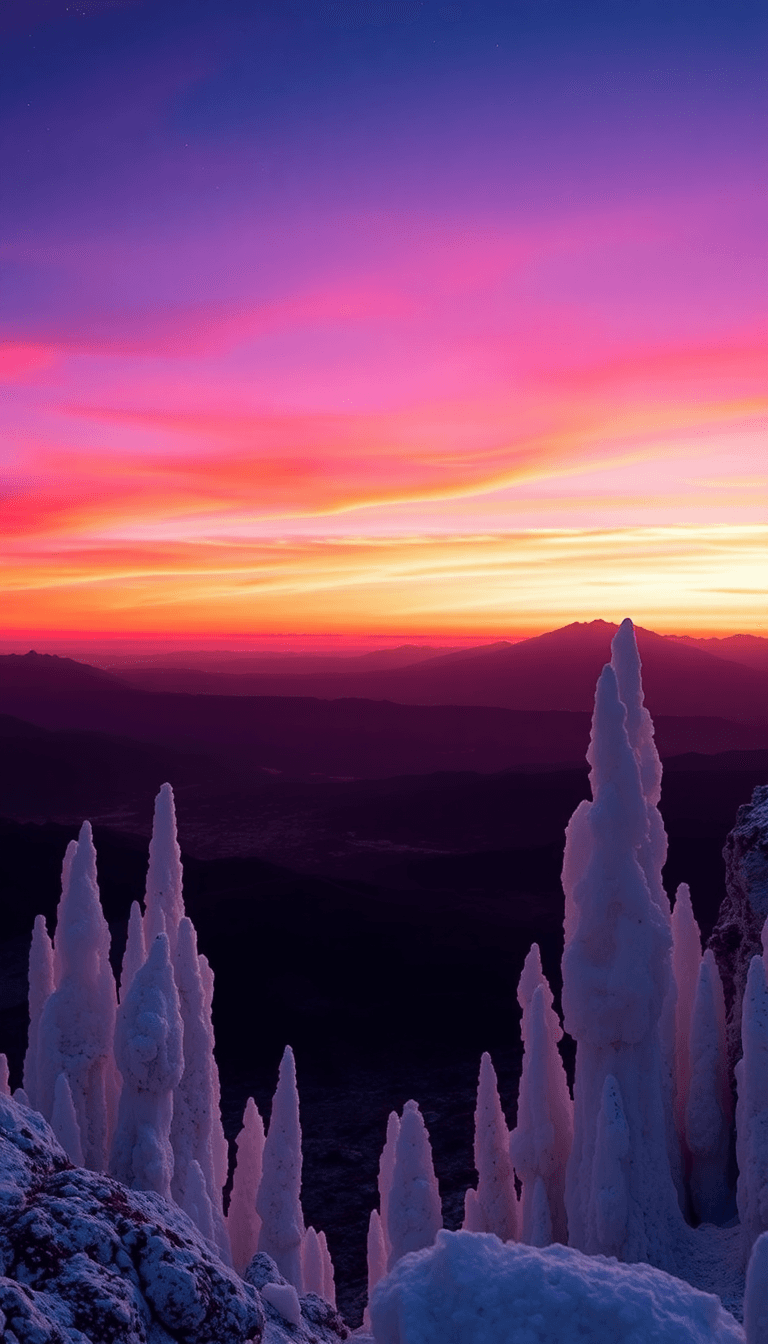 "a Breathtaking Wallpaper Featuring A Vast And Serene Alien Landscape Under A Twilight Sky. The Horizon Glows With Hues Of Deep Purple And Orange, Blending Into A Gradient Of Black. Towering Crystalli