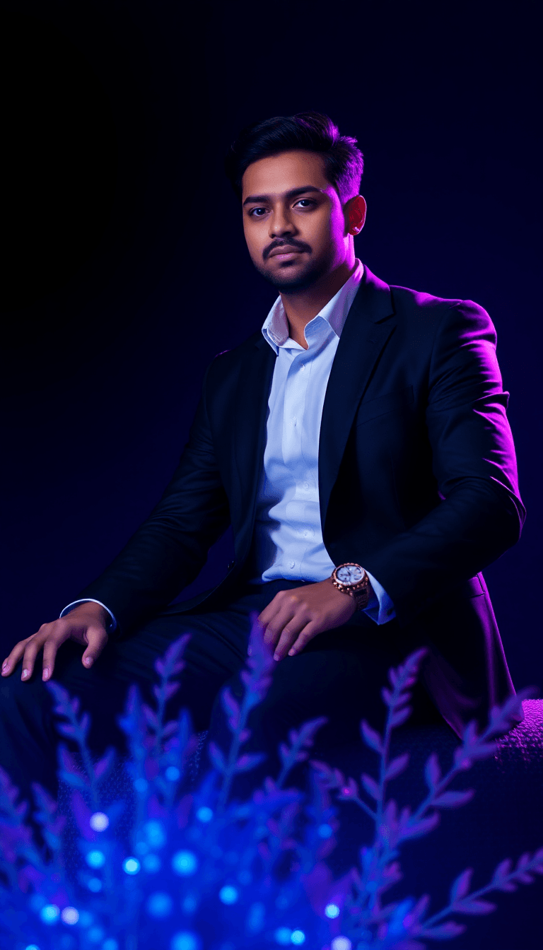 Ultra-realistic Dark-themed Laptop Wallpaper, 1920x1080 Resolution.
on The Right Side: A Confident South Asian Man In A Stylish Black Suit, Seated With Relaxed Dominant Posture, Glowing Violet + Blue