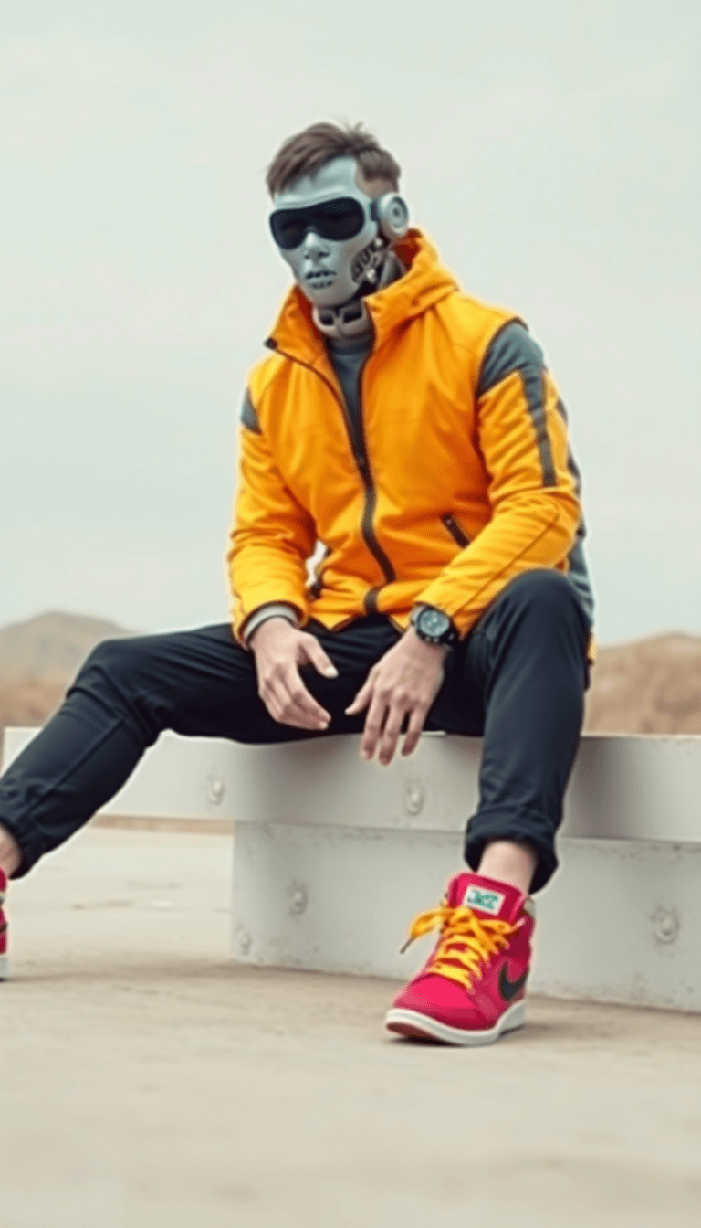 Solo, 1boy, Sitting, Jacket, Male Focus, Outdoors, Shoes, Pants, Mask, Black Pants, Robot, Red Footwear, Sneakers, Science Fiction, Yellow Jacket, Cyberpunk, Humanoid Robot,highly Intricate Mechanical