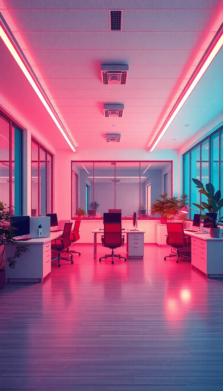 Create A High-resolution Ms Teams Background Of A Modern, Well-lit Office With A Professional And Minimalistic Design. Leave A Clear, Empty Space In The Background For Adding A Company Logo Later.