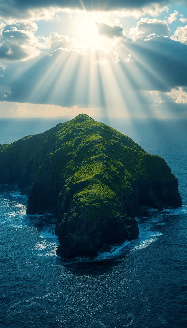 Green Rocky Island Over Looking The Ocean With Sun Rays Coming Down From The Clouds