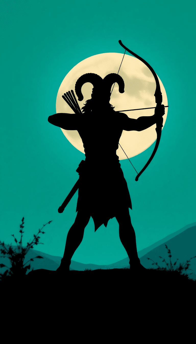 Heroic Silhouette Of An Archer Warrior(lord Ram) Against A Full Moon, Dramatic Black Figure Holding A Large Curved Bow, Standing In A Powerful Stance, Set Against A Deep Turquoise Blue Sky
