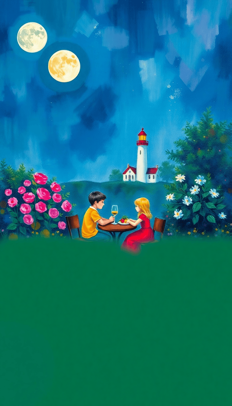A Boy And Girl Sitting In A Table Around A Garden, Moonlight There Is A Light House In Long,
