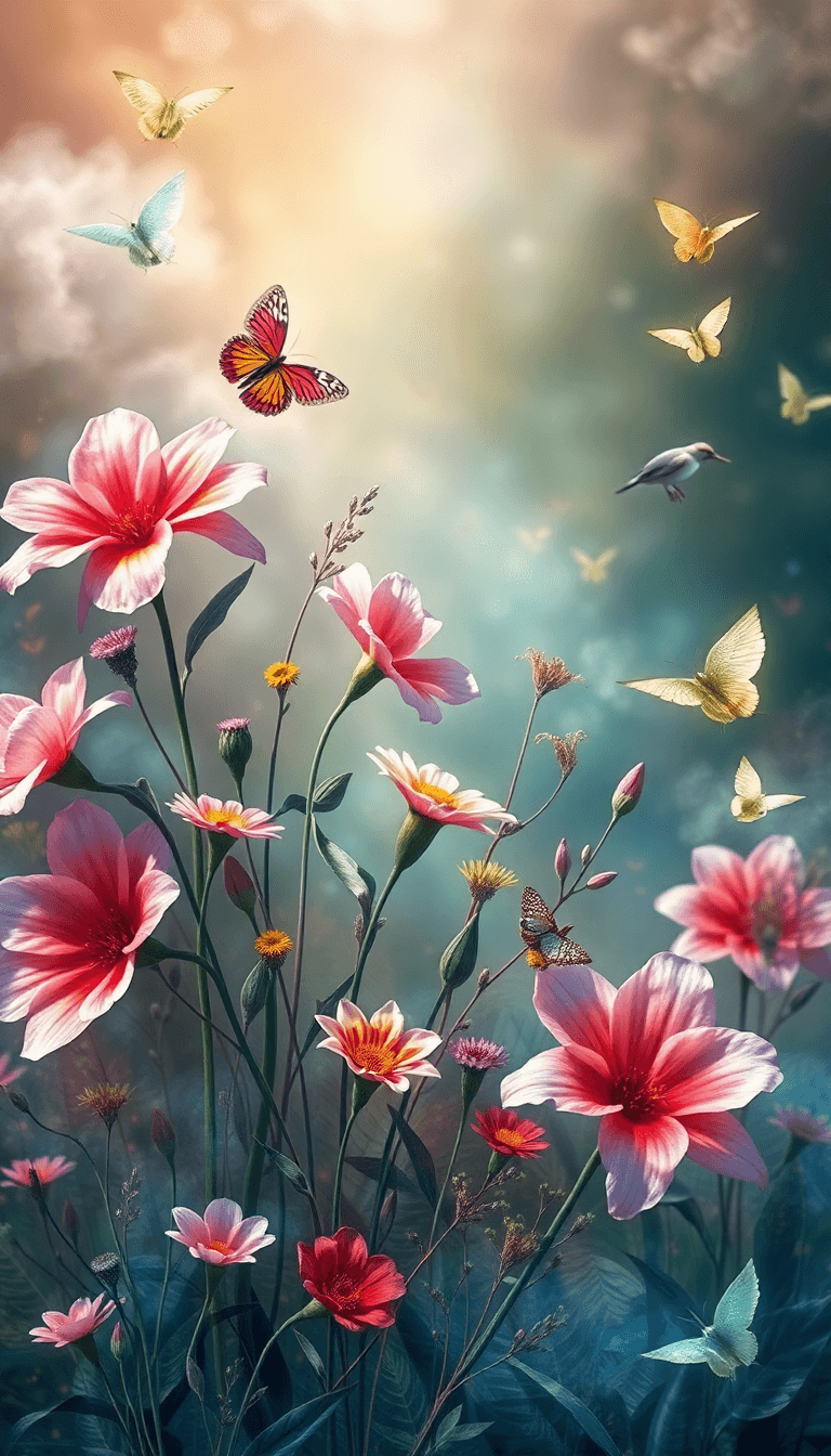 Un Design Avec Des Fleurs Sauvages Colorées Dans Un Style Aquarelle, Entourées D'éléments De Brume Mystique Et De Papillons Translucides."