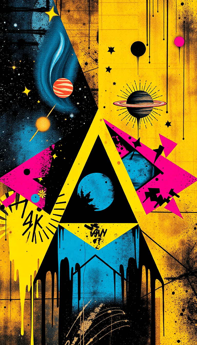 Cosmic Graffiti Art
a Blend Of Cosmic Elements Like Galaxies, Shooting Stars, And Planets Merged With Vibrant Graffiti Patterns.