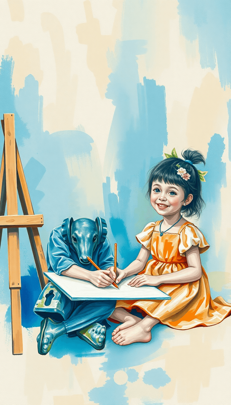 Children Paintings In The Art Studio Mastery. Happy Faces, Happy Time, Sitting And Drawing With Brush Perfect Picture.