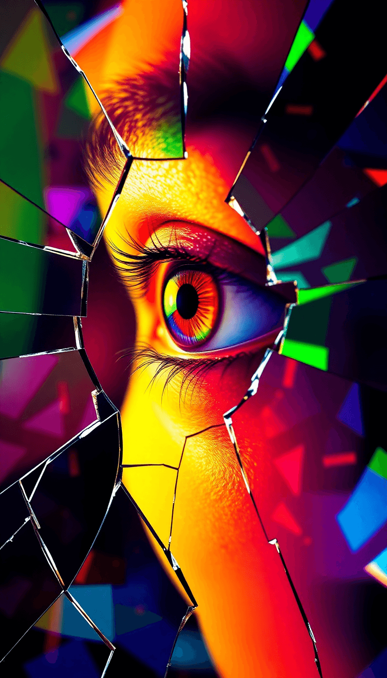 Double Exposure Photo, Featuring Eye, Shattered Mirror Effect, Broken Mirror, Sharp Mirror Edges, Ephemeral Shadows, Motion - Infused Mystique, In The Style Of Haunting Allure, Robert Frank.