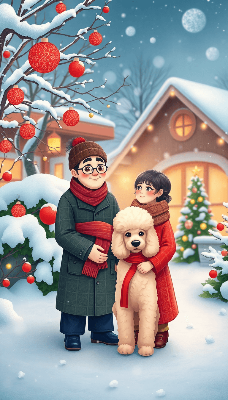 Create A Christmas Festive Picture Of A Couple With A Poodle Enjoying Snow In Front Of The Yard During Christmas. I Want It In Cartoonise Design. And Should Be Chinese