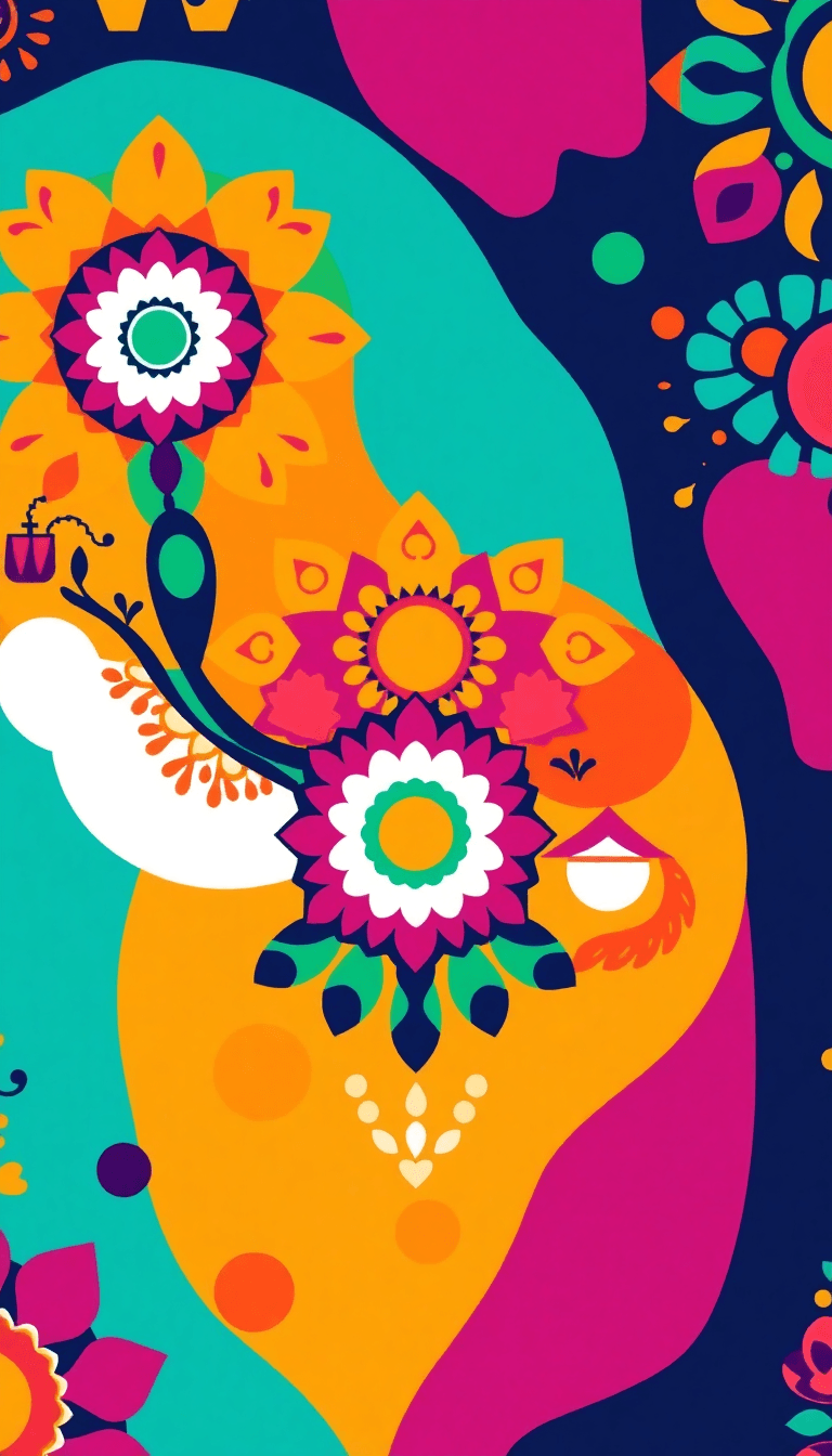 The Wallpaper Features A Vibrant And Playful Design Inspired By Indian Culture, With Bold Colors, Intricate Patterns, And Traditional Motifs Like Mandalas, Tribal Art, And Faces In Traditional Attire.