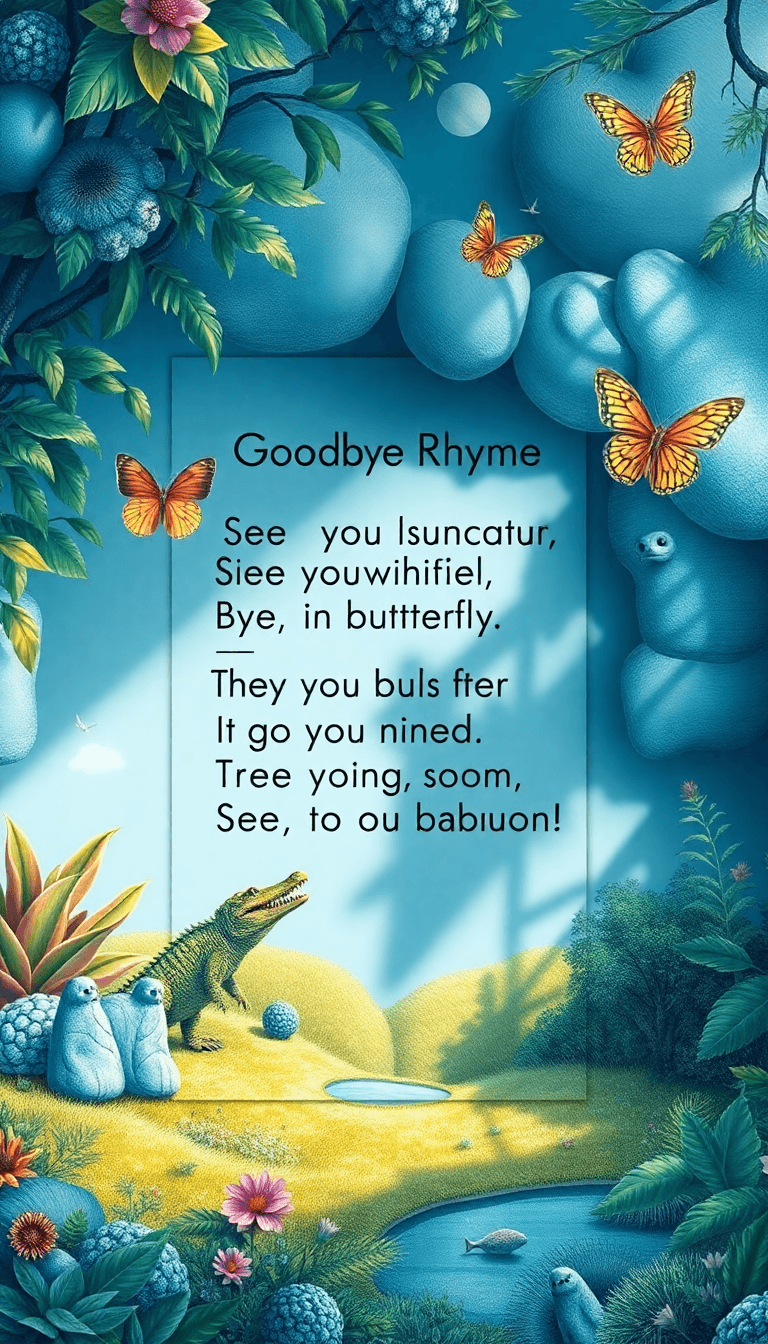 Poster For Classroom: Goodbye Rhyme
see You Latter, Alligator,
in A While, Crocodile,
bye Bye, Butterfly,
out The Door, Dinossaur,
time To Go, Buffalo,
see You Soon,
big Baboon!