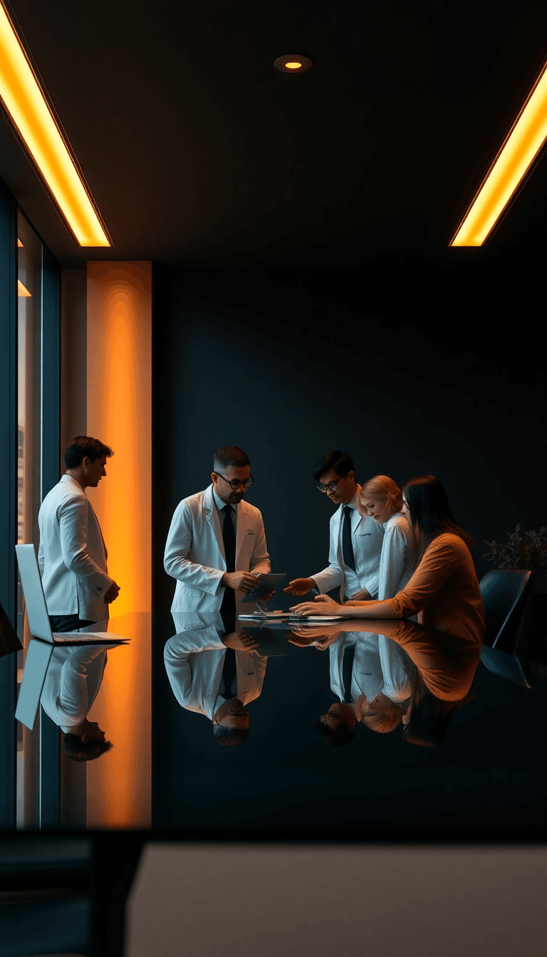 Ultra-premium Cinematic 3d Landscape Wallpaper Of A Relationship Manager As A Family Financial Doctor Guiding A Family In A Modern Office. Wide Horizontal Frame, Warm Golden Light, Glass Desk