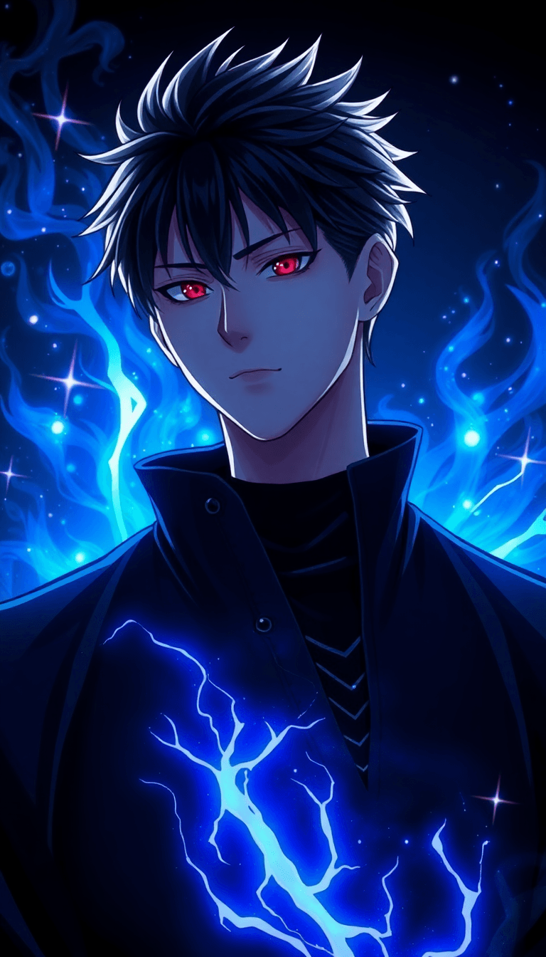 Create A Live Wallpaper Of Gojo Satoru From Jujutsu Kaisen, A Half Body Portrait Wallpaper With A Sparkling Blue Fiery Background. Add A Little Neon Light To His Body. I Also Want You To Add Some Brie
