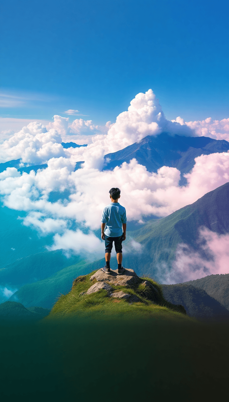 A Boy Standing On A Mountain With A Beautiful View Of Cloud And The Mountain Should Be Greenery And If You Can Highlight The Name Mukhtar