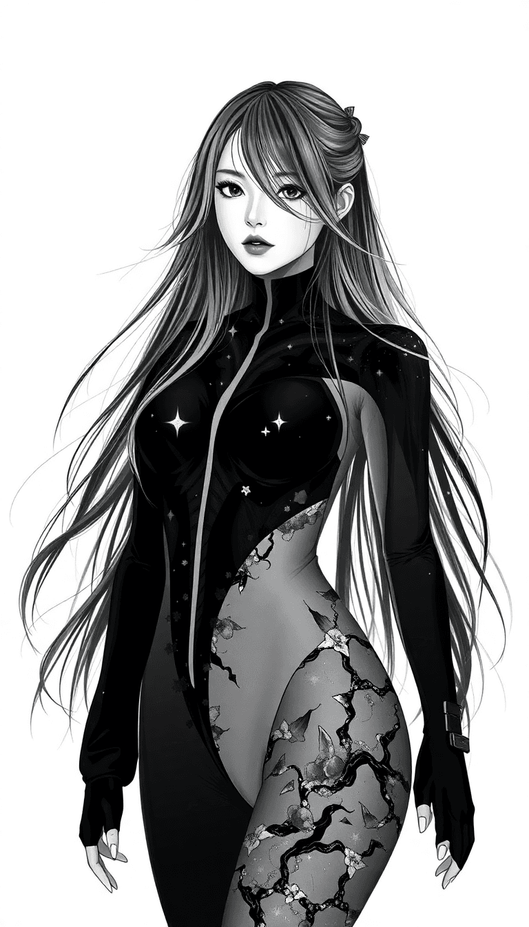 Japanese Women Whit Long Hair In A Black Crystal Bodsuit On Black And White Color