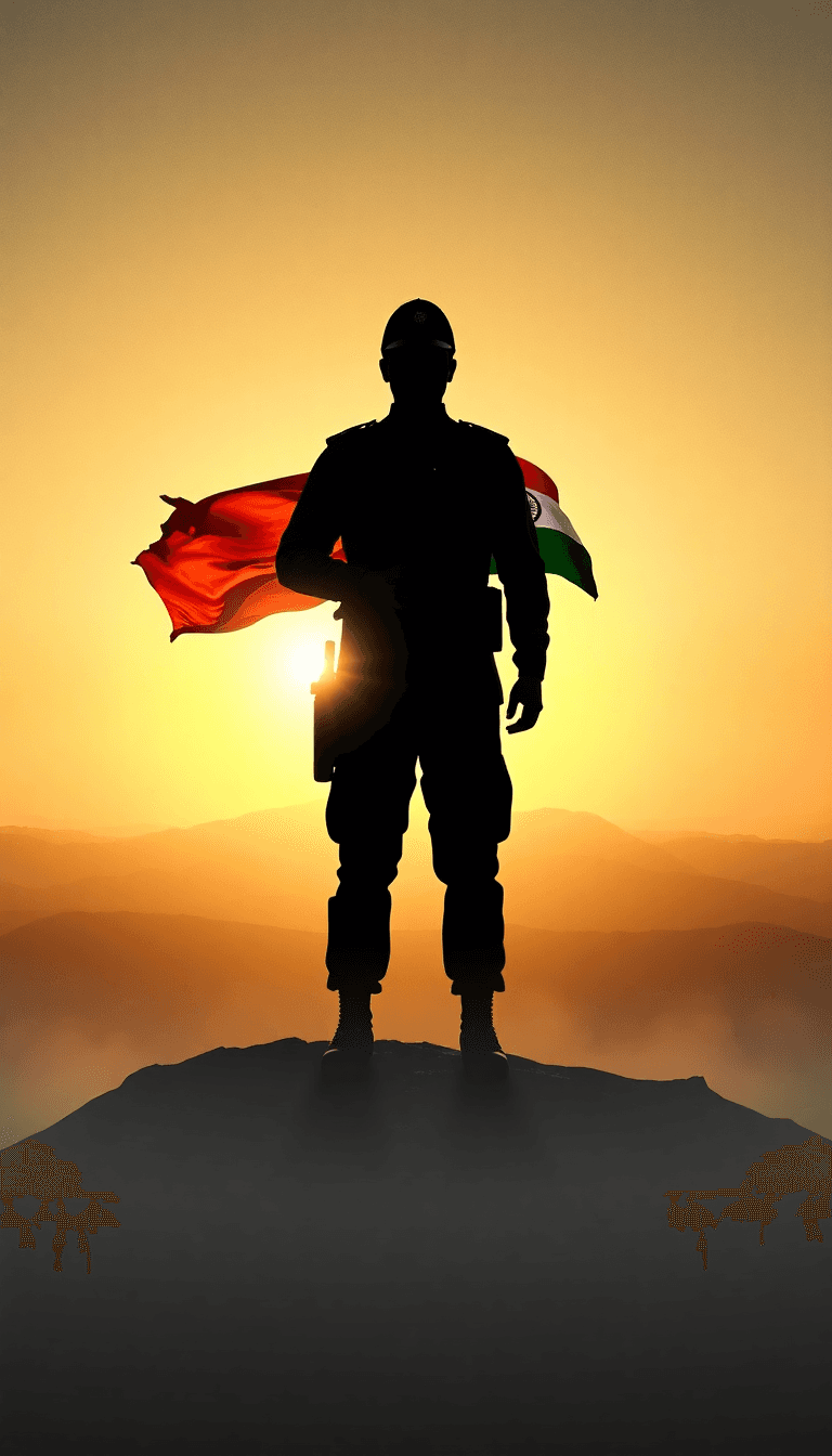 3d Cinematic Indian Army Officer Standing Atop A Ridge At Dawn, The Sun Casting Dramatic Rays Behind Him, Indian Flag Billowing In Slow Motion, Deep Shadows And Epic Composition, Heroic Patriotic Atmo