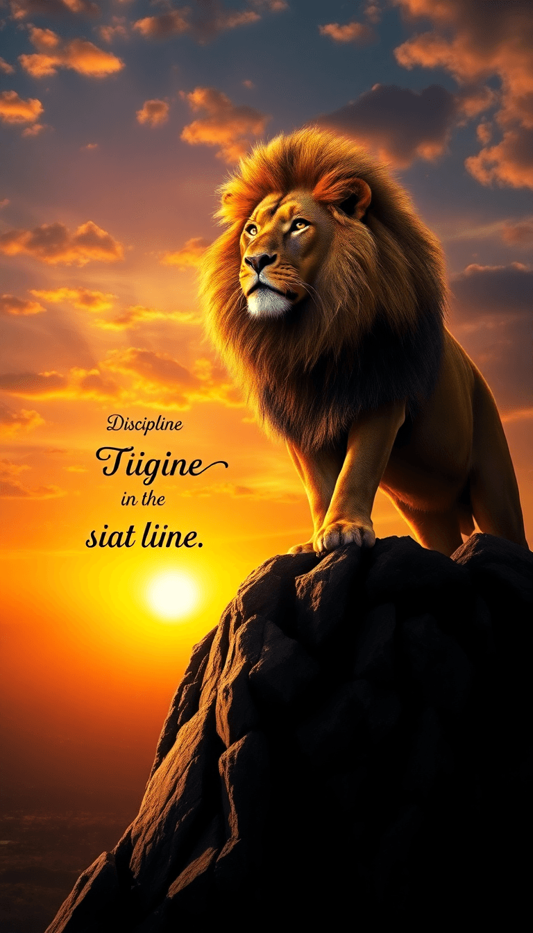 "a Majestic Lion With A Powerful Gaze, Standing Tall On A Rocky Cliff At Sunrise. The Golden Sunlight Highlights Its Strong Mane, Symbolizing Strength And Discipline. A Motivational Quote, 'discipline
