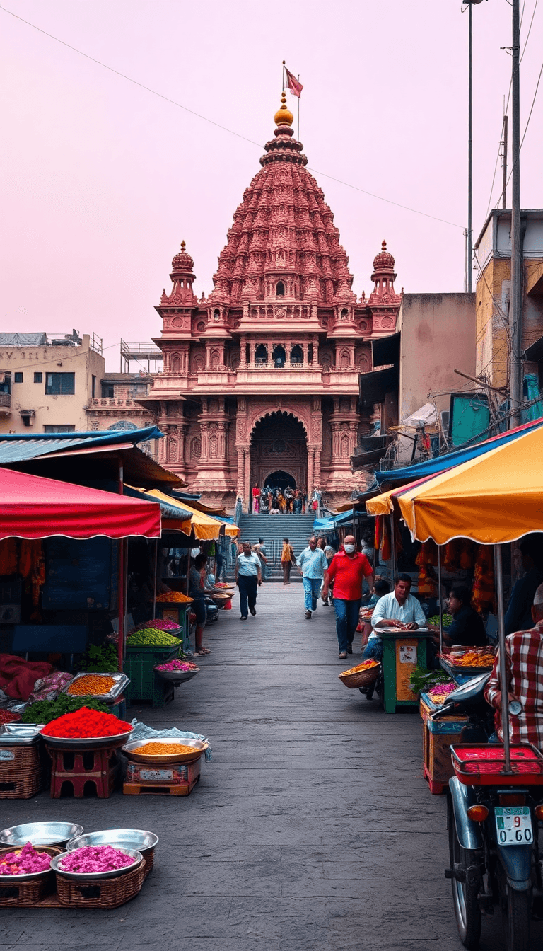 Varanasi City Wallpaper With Street Food And Temple On Background With Flower Vendors