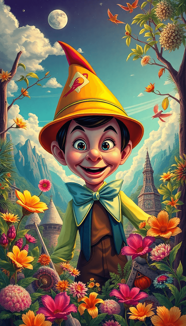 Create A High-concept, Satirical Digital Illustration Reimagining Pinocchio Through A Lens Of Modern Pop Culture And Consumerist Critique. Render Him In A Vivid, Pop-surrealist Style With Exaggerated,