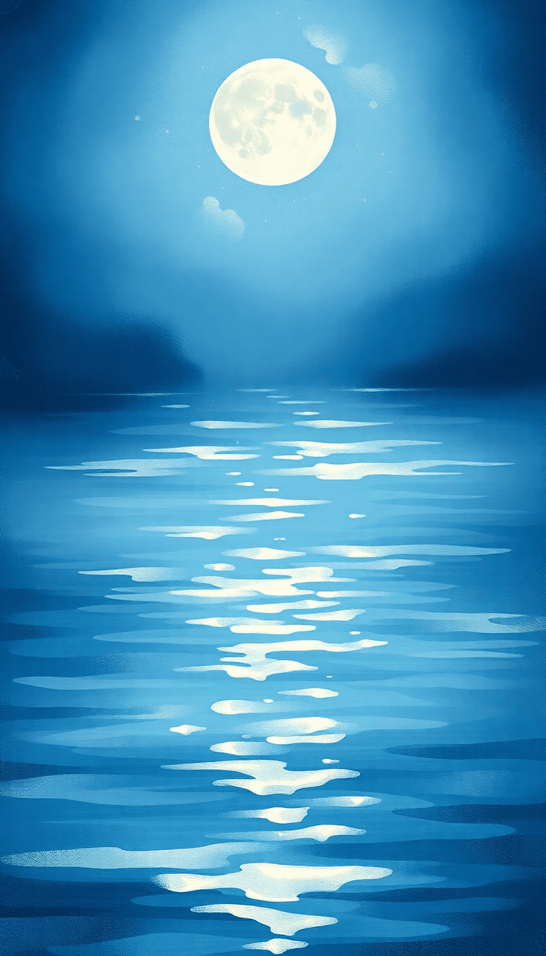 Design A Texture Inspired By The Surface Of A Moonlit Lake, Incorporating Smooth Water Reflections And Subtle Ripples With A Color Palette Of Deep Blues, Silvers, And Hints Of Luminescent White.