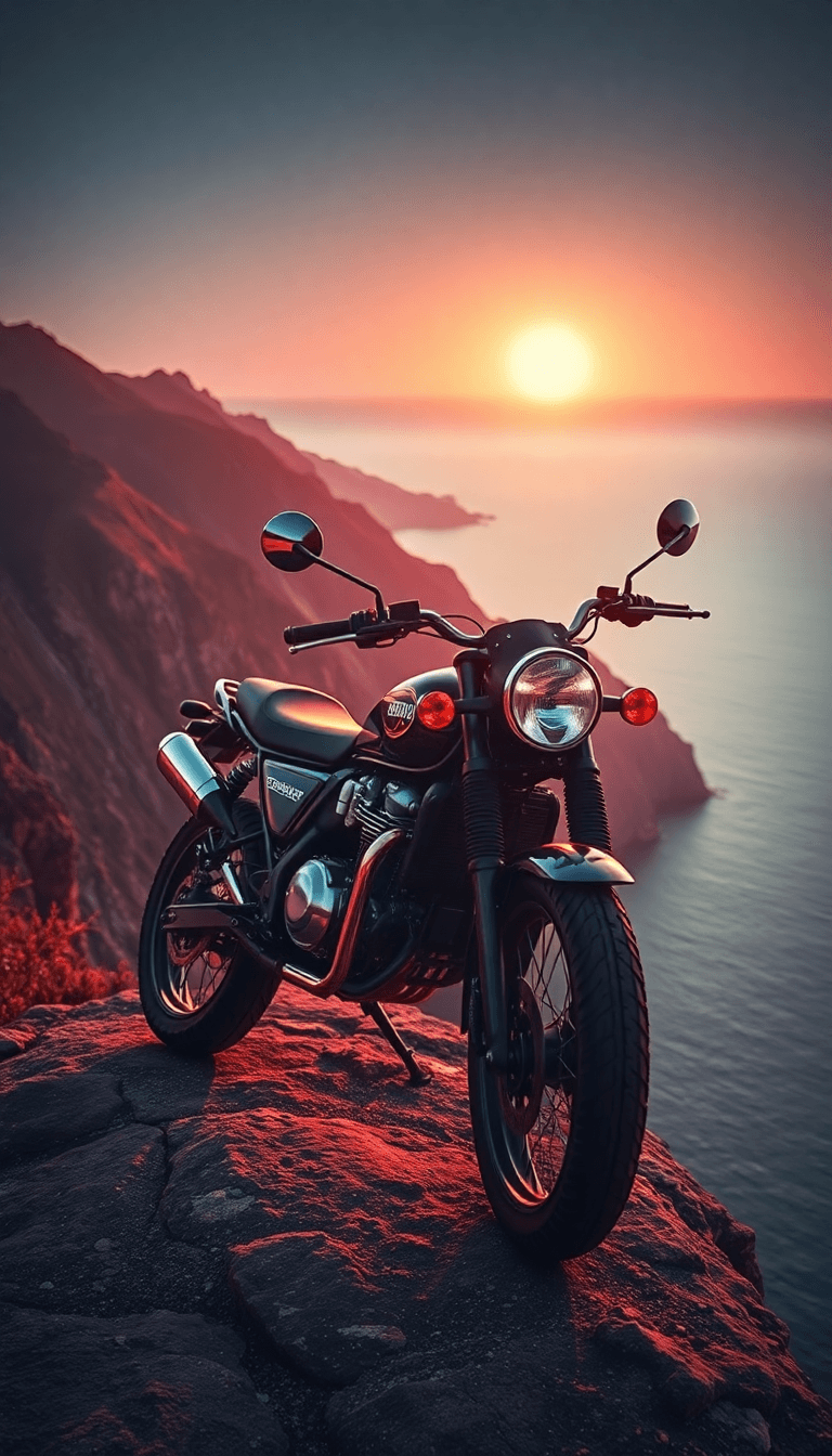 Triumph Scrambler 400x Bike On The Cliff Of A Mountain, Where There Is Sea And The Sun Setting